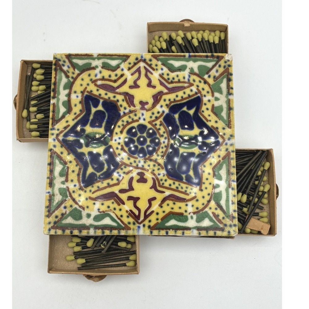 Vintage Ceramic Tile Matchbox Holder 4 Drawer Hand Painted Floral Geometric 4in